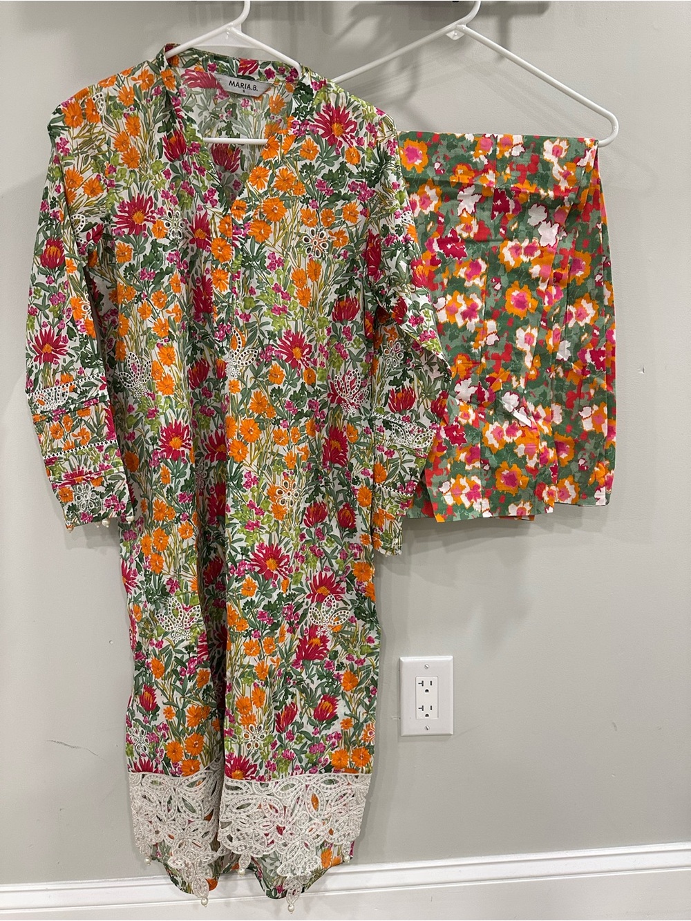 MARIA.B Women’s Floral Kurta Pajama Set in Orange & Green